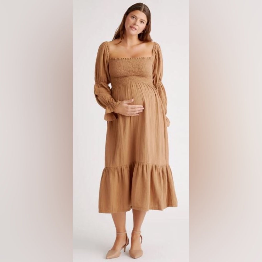 NWT - Quince Organic Cotton Gauze Maternity Smocked Ruffle Hem Midi Dress - XS